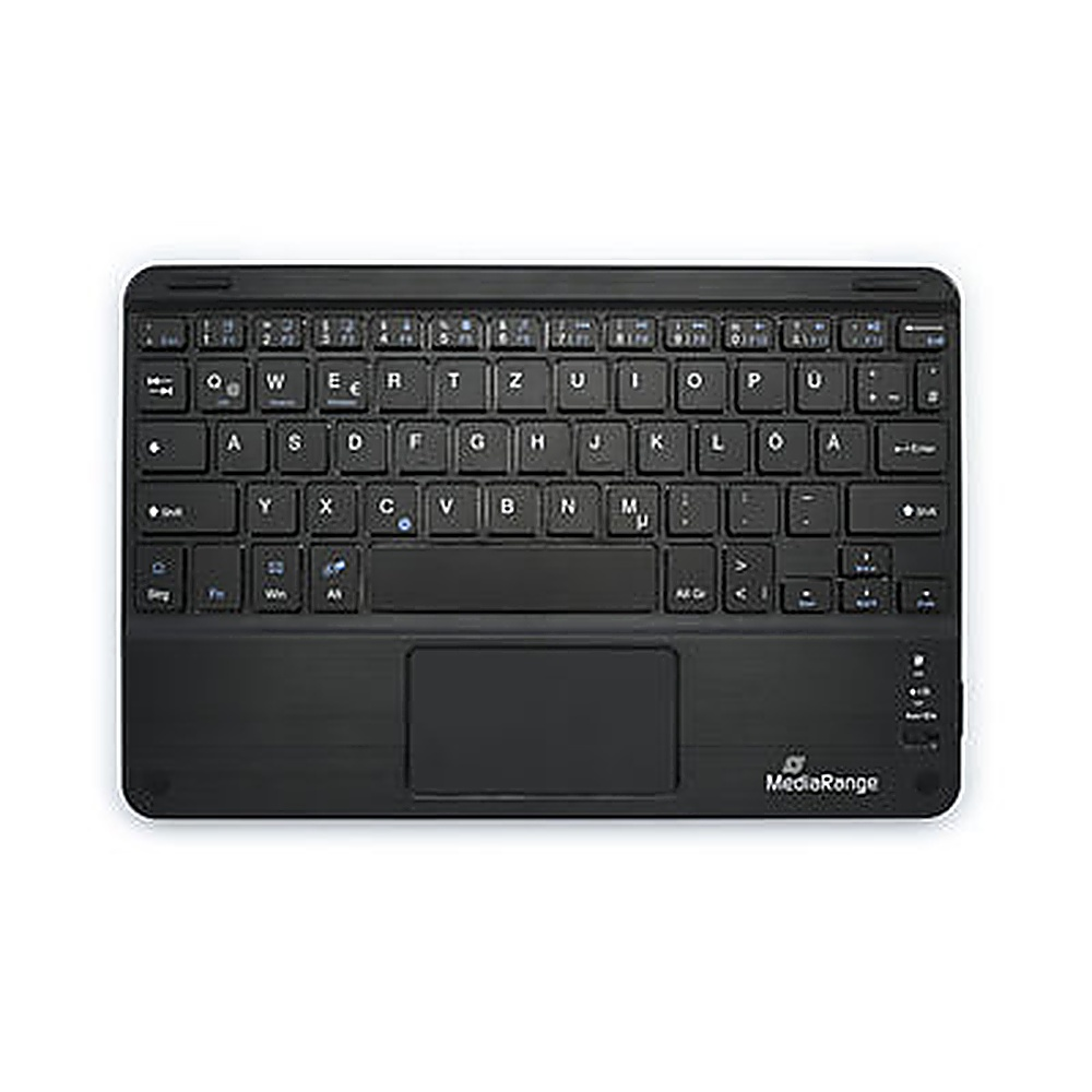 Czarna klawiatura z panelem dotykowym i białymi klawiszami, widoczne logo MediaRange.