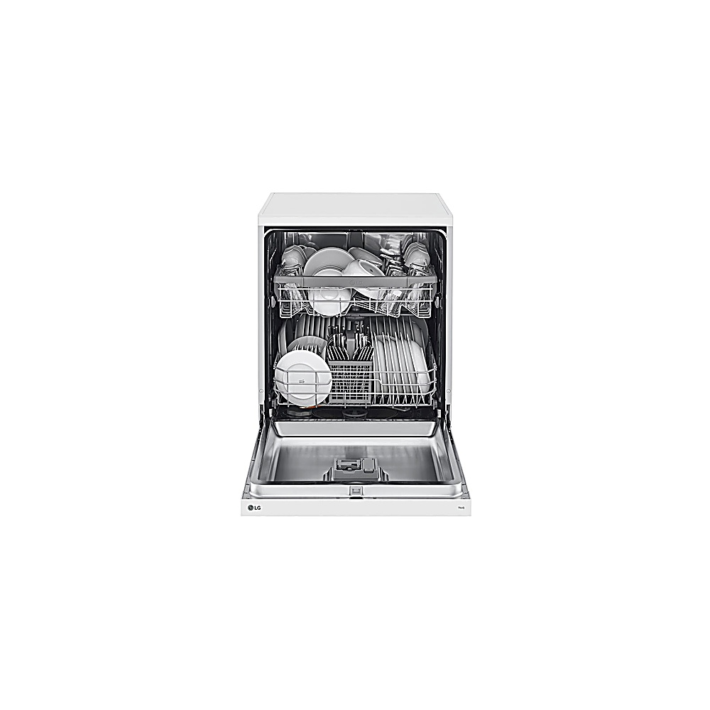 Lavavajillas LG blanco, puerta abierta, lleno de platos. El interior muestra rejillas y brazos aspersores.