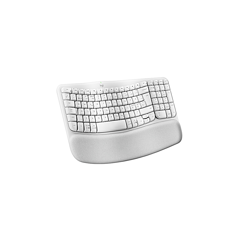 Weiße ergonomische Tastatur. Sie hat ein geschwungenes Design, weiße Tasten und eine Handgelenkauflage.