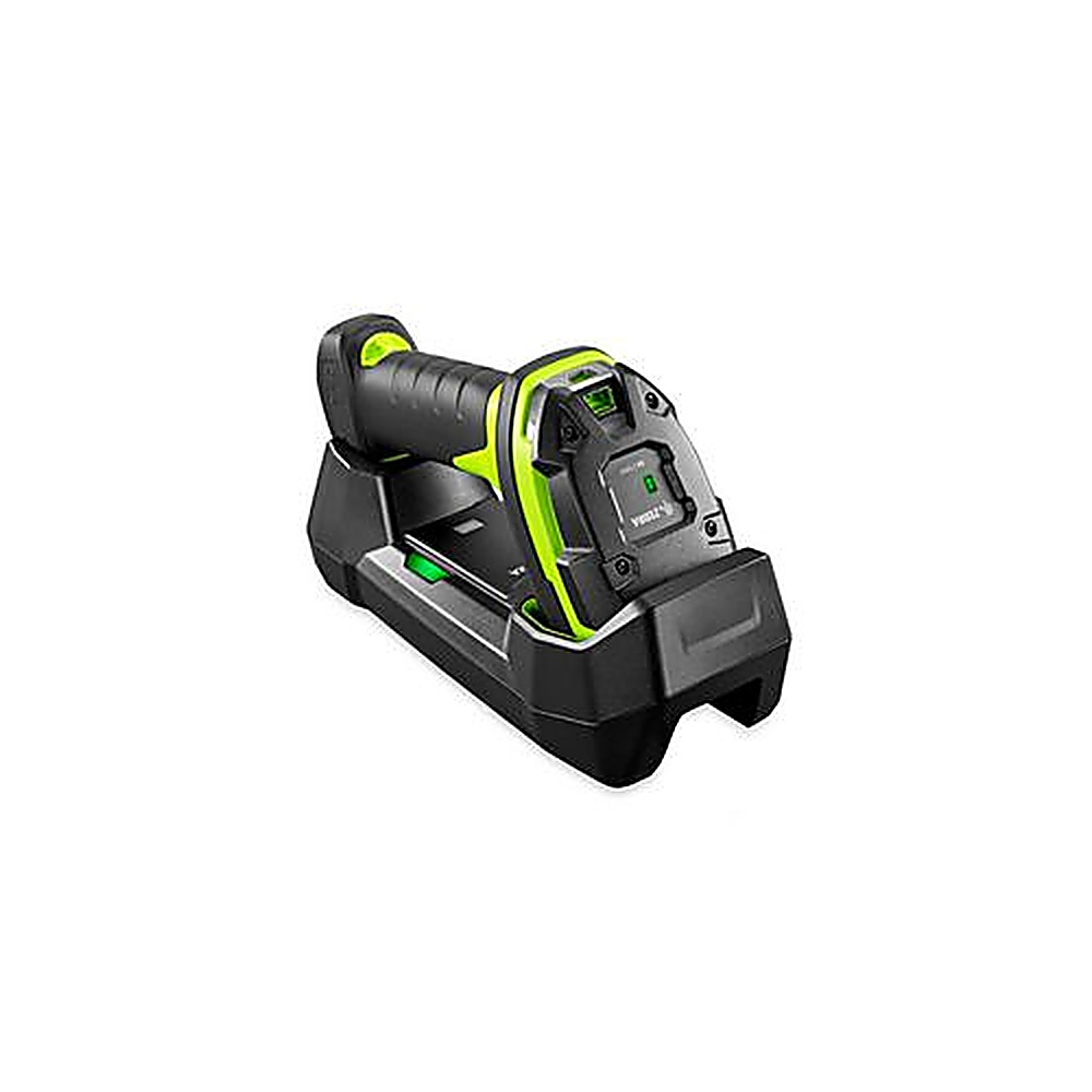 Scanner di codici a barre nero e verde sulla sua base di ricarica. La base e lo scanner sono angolati.