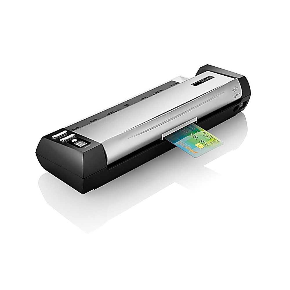 Srebrno-czarna laminarka. Czarna podstawa, srebrna góra. Wkładana jest karta kredytowa.