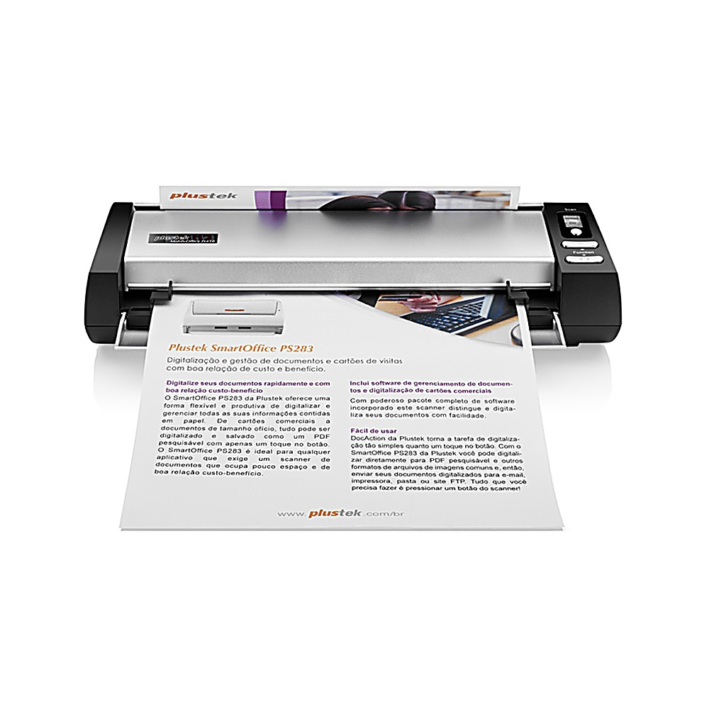 Skaner dokumentów ze skanowanym dokumentem. Białe tło.