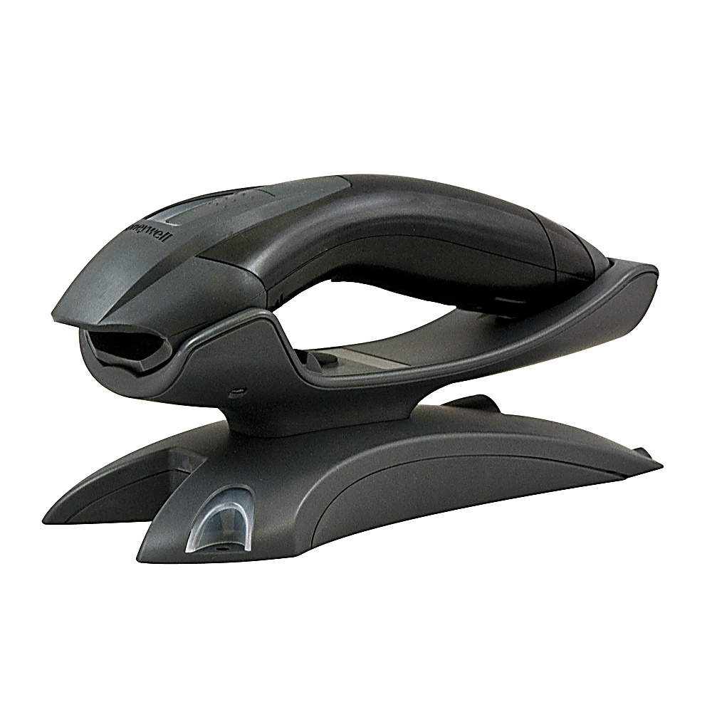 Lettore di codici a barre Honeywell nero e grigio su un supporto. Sfondo bianco.