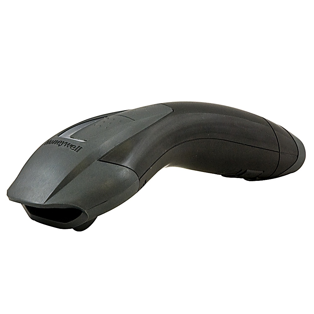 Lettore di codici a barre Honeywell nero. Sfondo bianco.