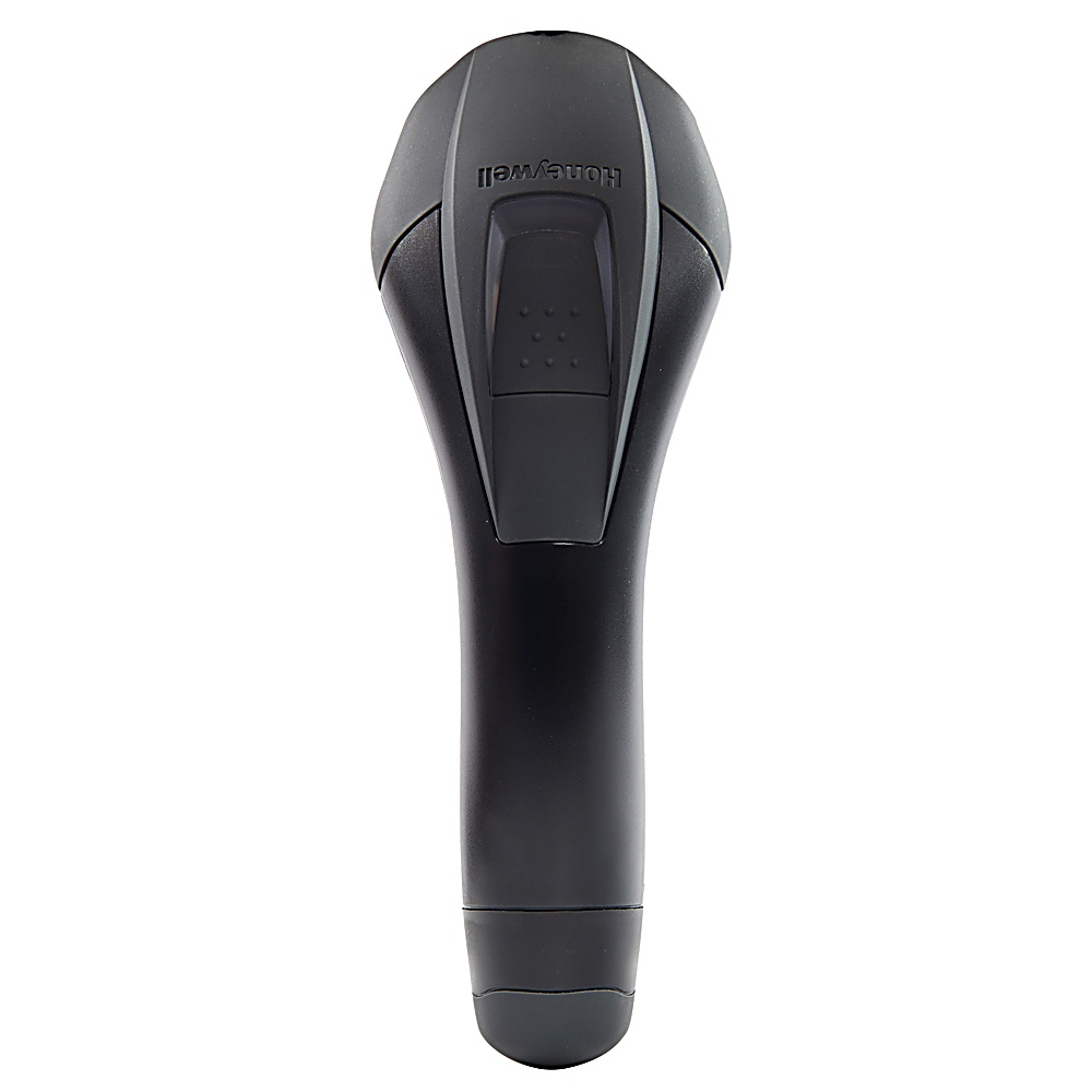 Scanner di codici a barre Honeywell nero su bianco. Ha un lungo manico e un pulsante.