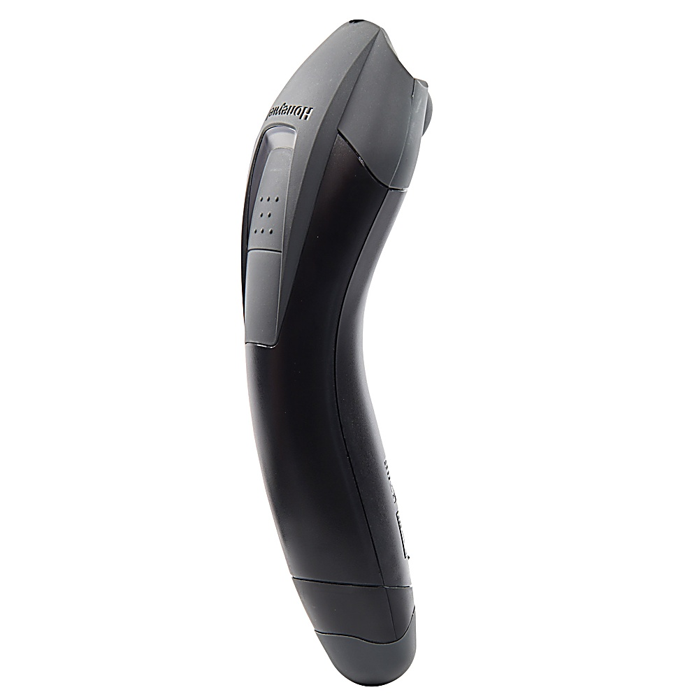 Scanner portatile nero con parte superiore e pulsanti grigi, leggermente angolato.