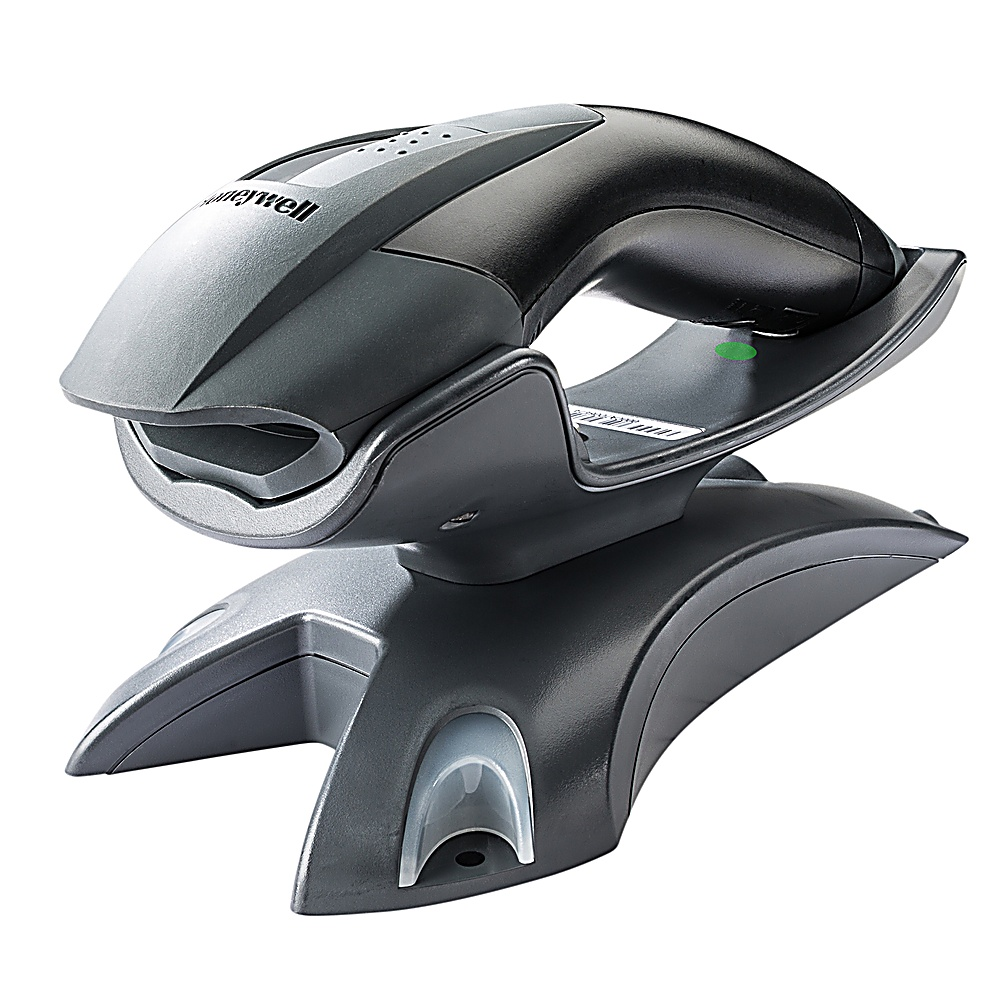 Lettore di codici a barre Honeywell nero e grigio su un supporto. Sfondo bianco.