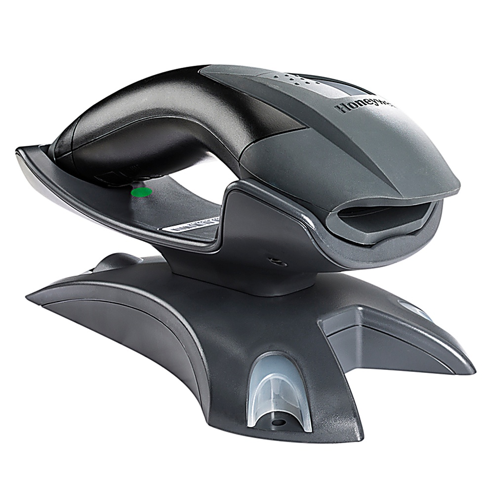 Lettore di codici a barre Honeywell nero e grigio su un supporto. Sfondo bianco.