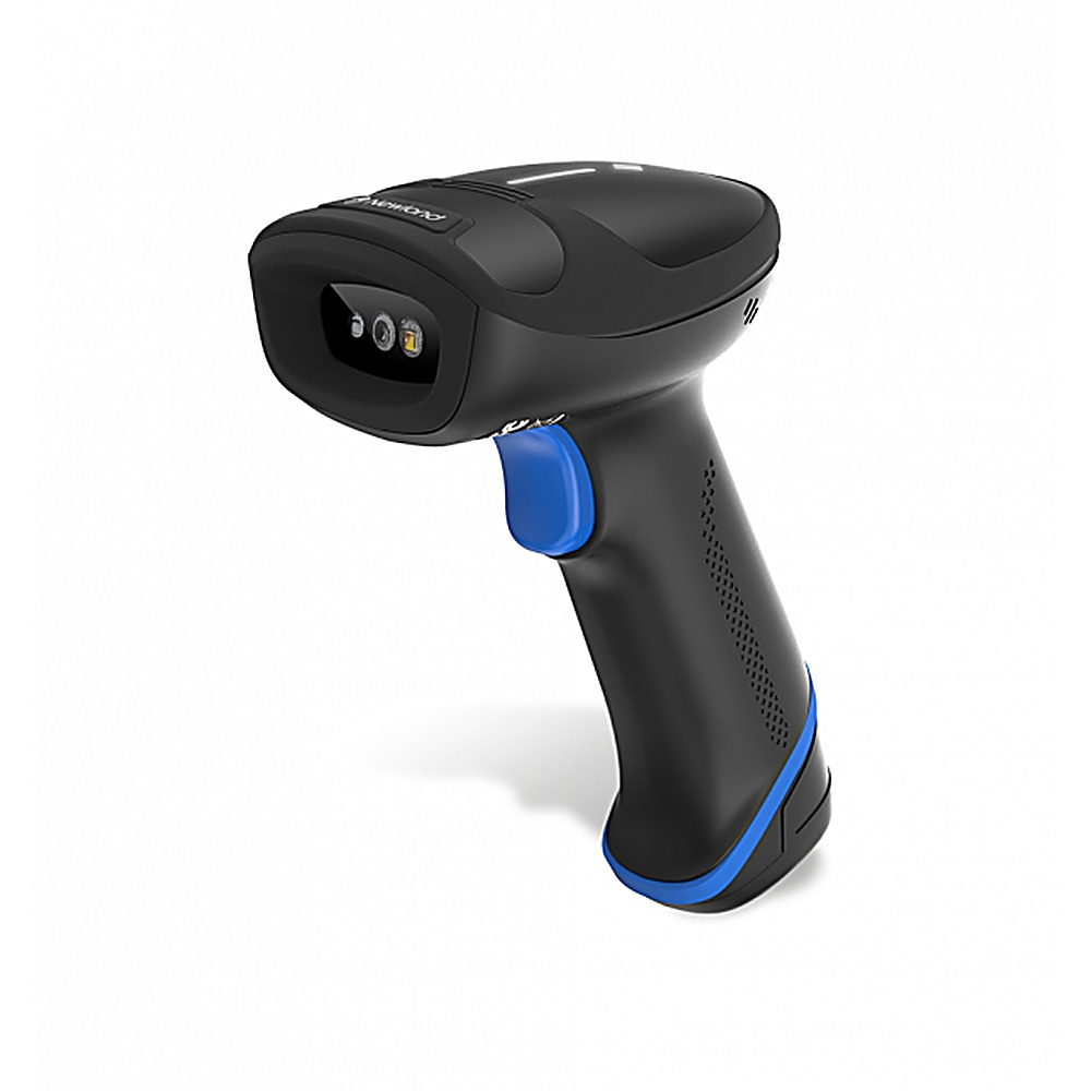 Scanner di codici a barre nero con dettagli blu. Ha un manico e un grilletto.