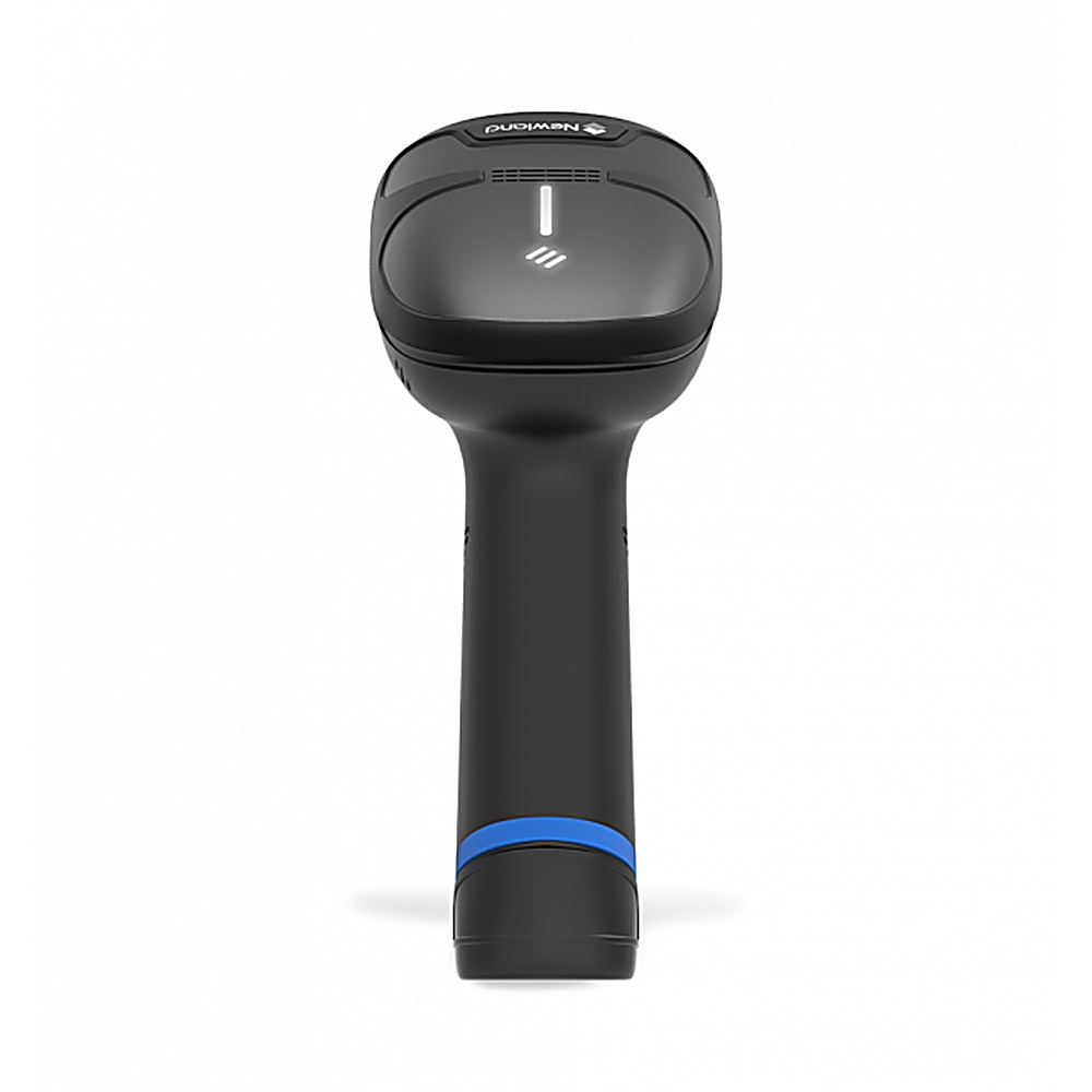 Scanner di codici a barre nero con dettaglio blu e manico. È in posizione verticale.