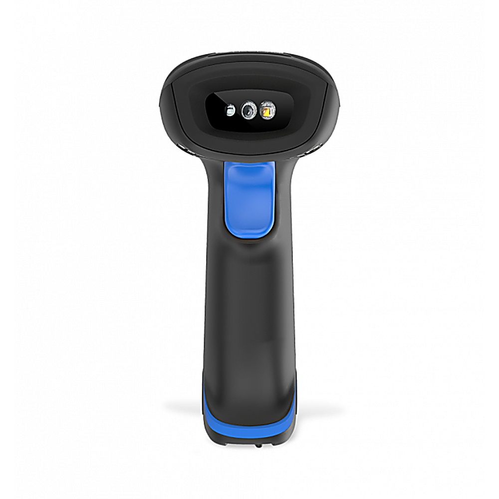Scanner di codici a barre nero con dettaglio blu. Ha un manico ed è in posizione verticale.