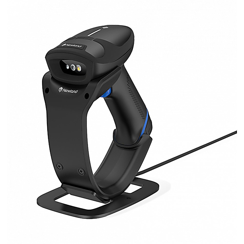 Scanner di codici a barre Newland nero in un supporto. Ha un manico e un cavo.