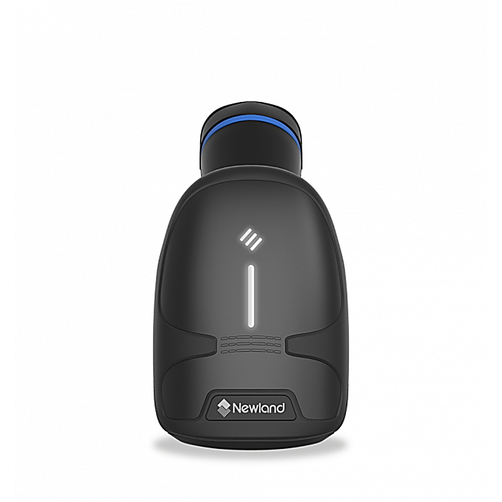 Scanner di codici a barre Newland nero. Ha un manico e dettagli blu.