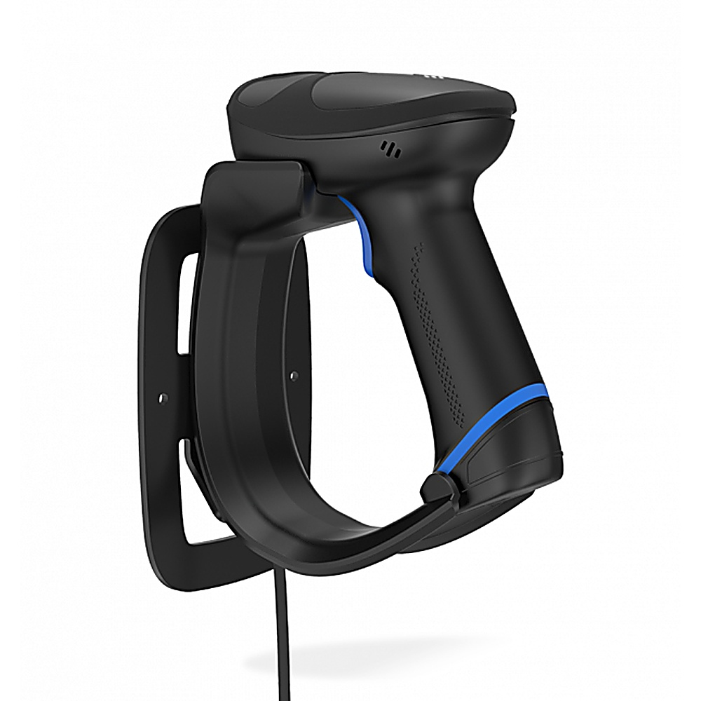 Scanner di codici a barre nero in un supporto nero. Ha un manico e un cavo.