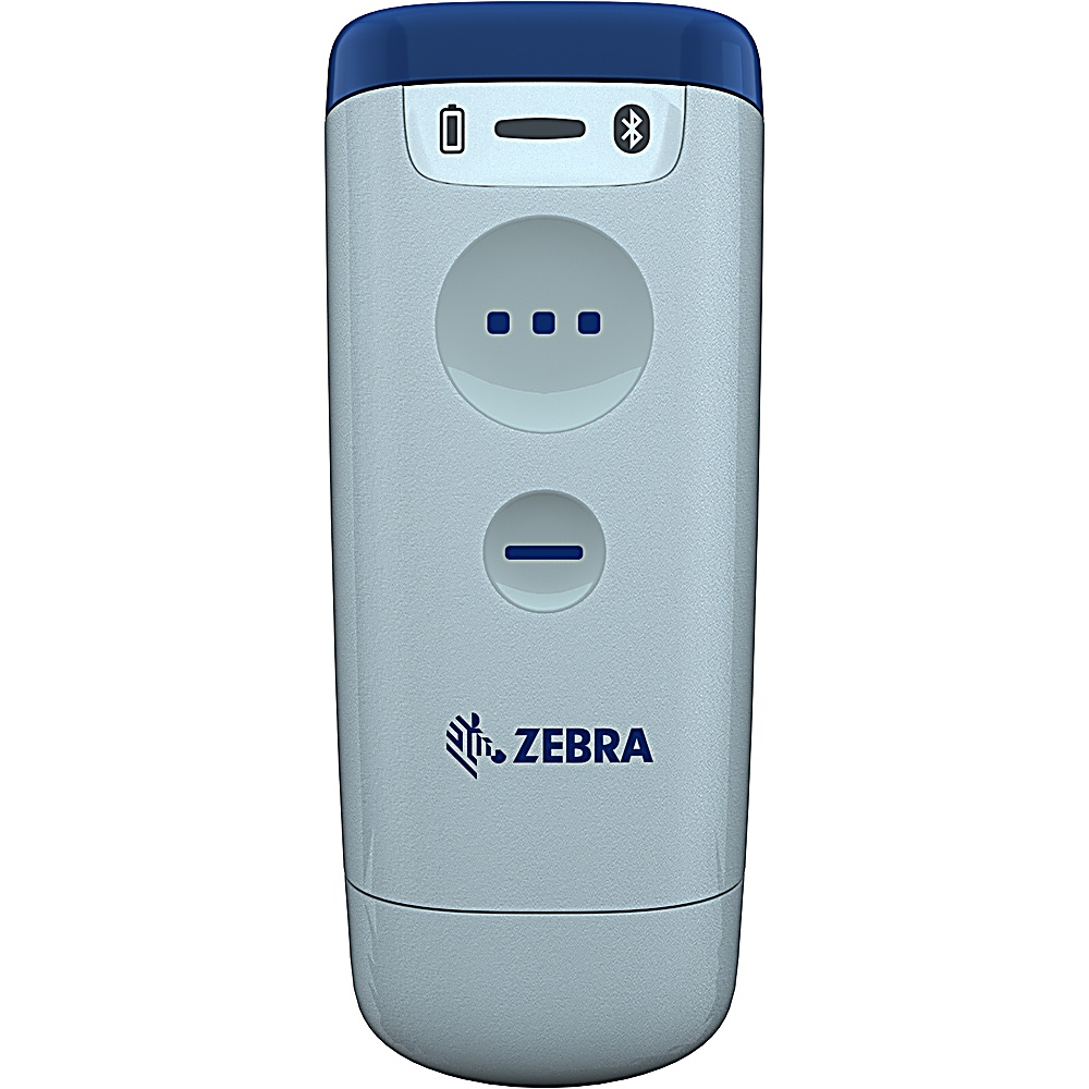 Scanner di codici a barre ZEBRA bianco e blu. Ha Bluetooth e una porta di ricarica.