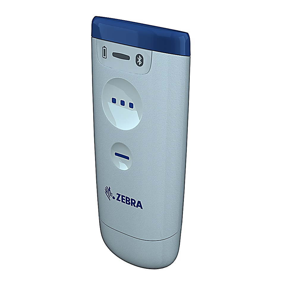 Scanner Zebra portatile, bianco e blu, con logo Zebra.