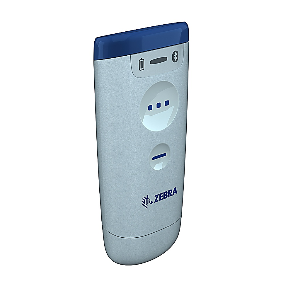 Scanner di codici a barre ZEBRA bianco e blu, vista angolata. Ha Bluetooth.