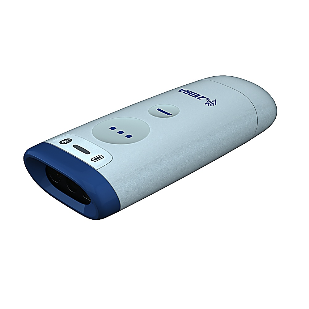 Uno scanner di codici a barre azzurro e blu scuro. Ha tre pulsanti e il logo Zebra.