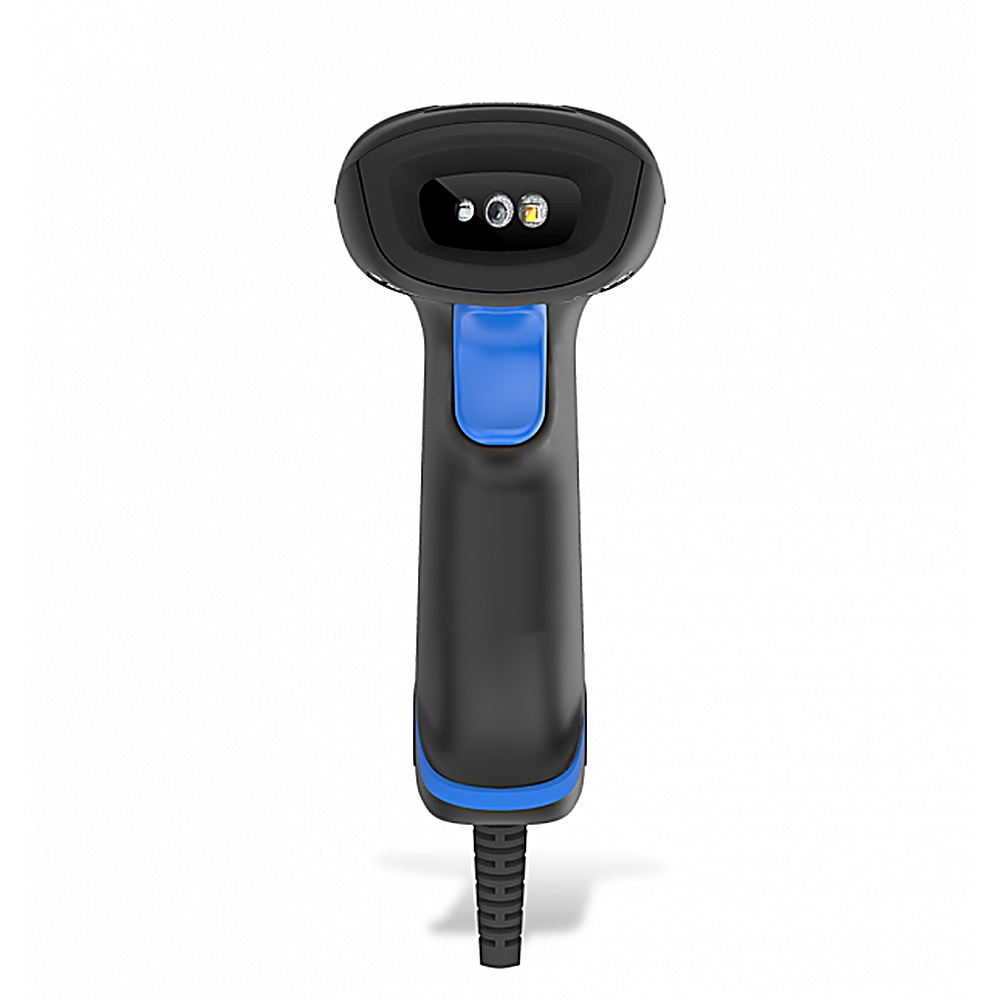 Uno scanner di codici a barre nero e blu, con un pulsante blu e un cavo.