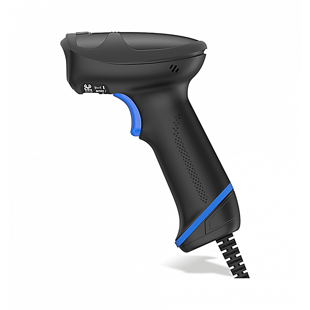 Scanner di codici a barre nero e blu, un grilletto blu, con un cavo.
