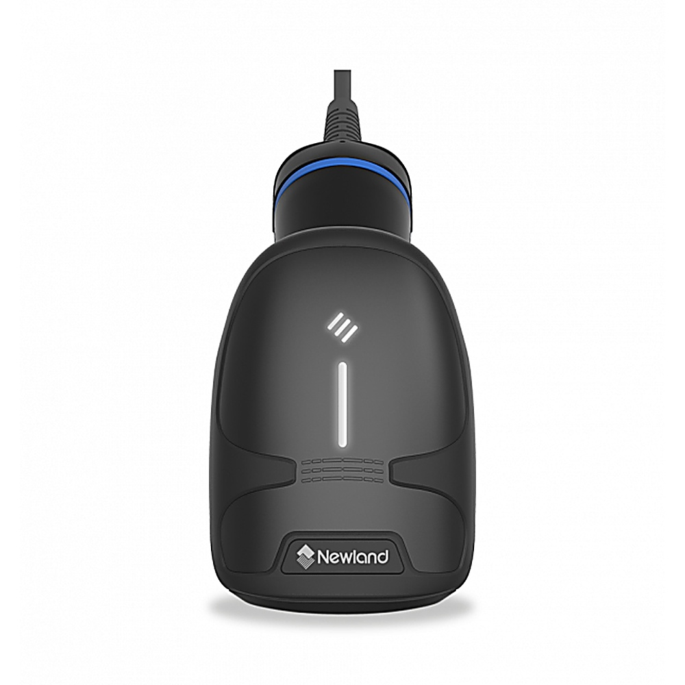 Uno scanner di codici a barre nero con un accento blu.
