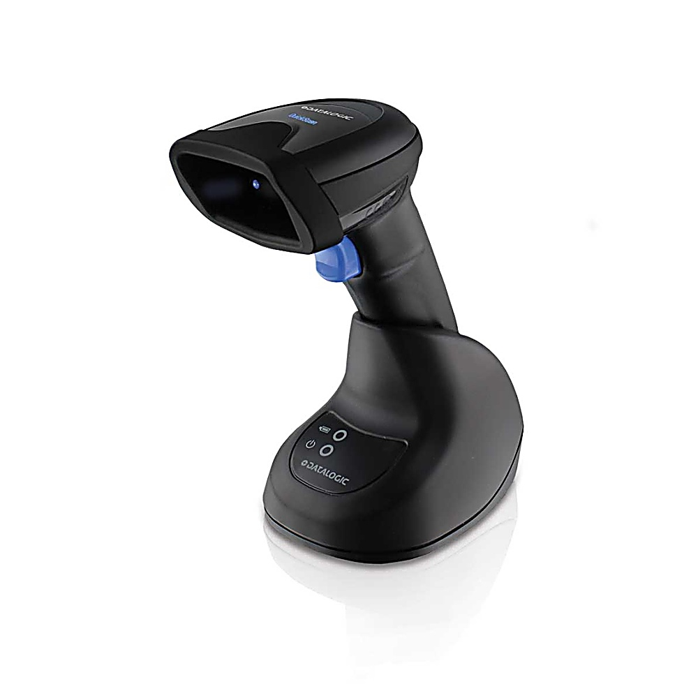 Scanner di codici a barre nero con supporto. Pulsante blu. Sfondo bianco.