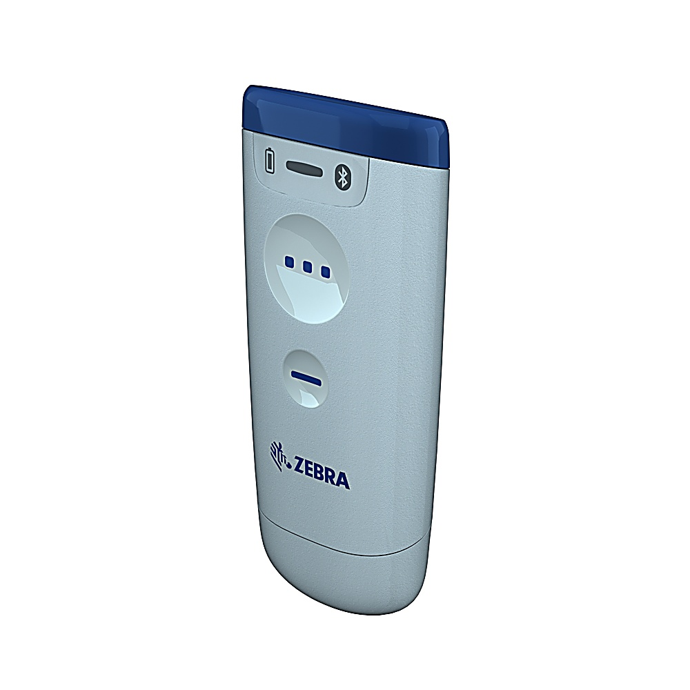 Scanner di codici a barre grigio con parte superiore blu. Lo scanner ha tre pulsanti e un logo Zebra.