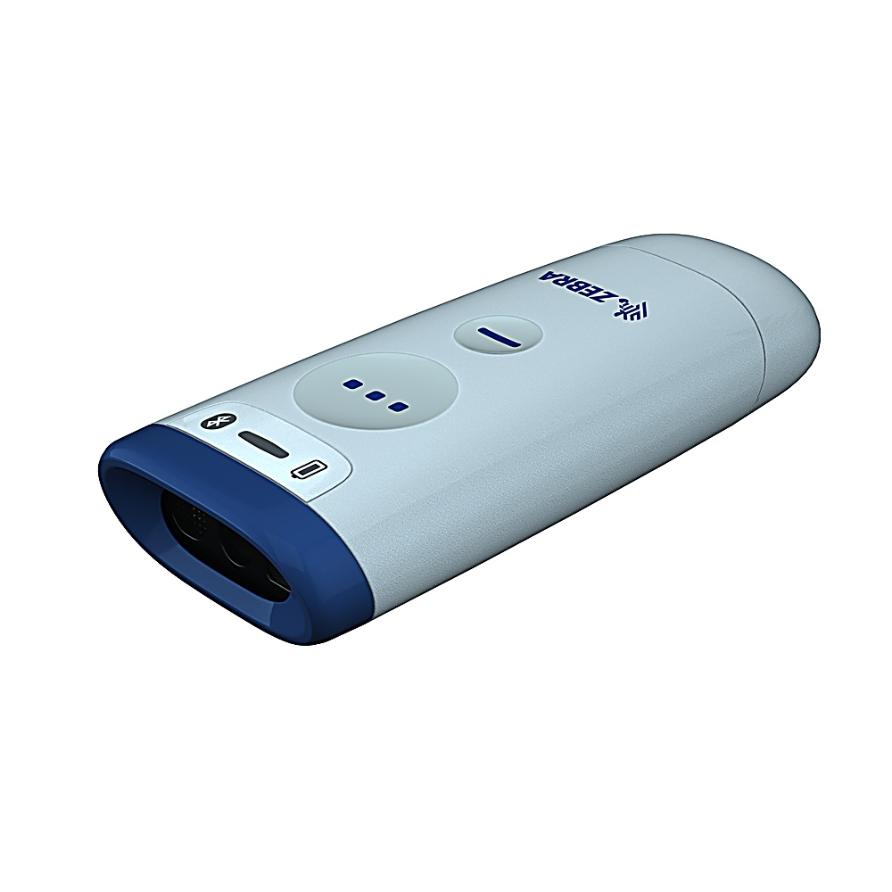 Scanner di codici a barre Zebra bianco e blu su bianco.