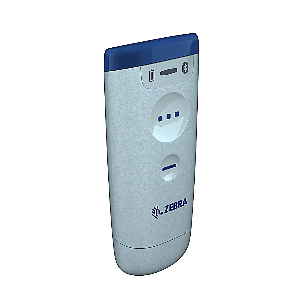 Scanner di codici a barre grigio con parte superiore blu. Il logo Zebra è visibile. Lo scanner è bianco e su sfondo bianco.