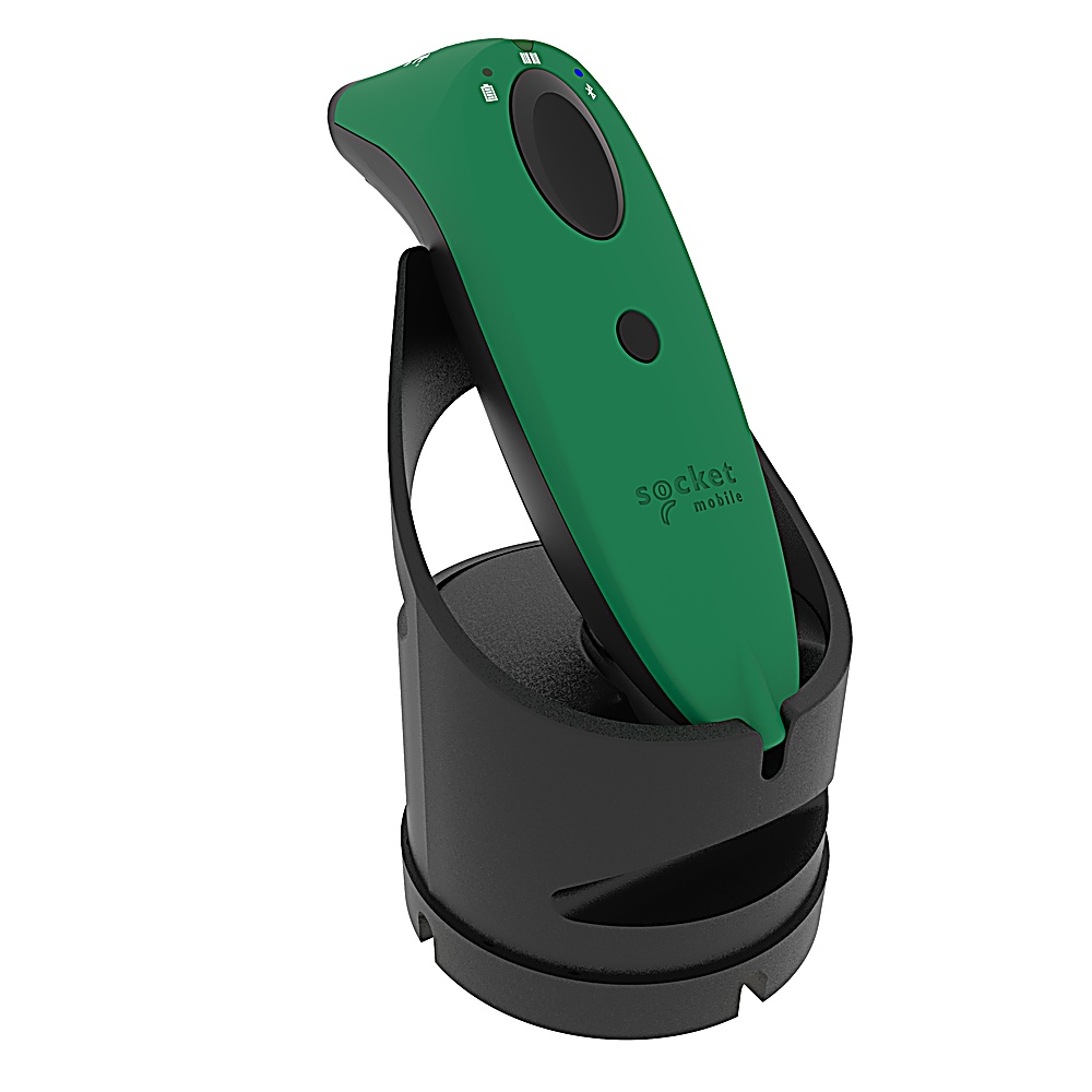 Uno scanner di codici a barre Socket Mobile verde in una base di ricarica nera.