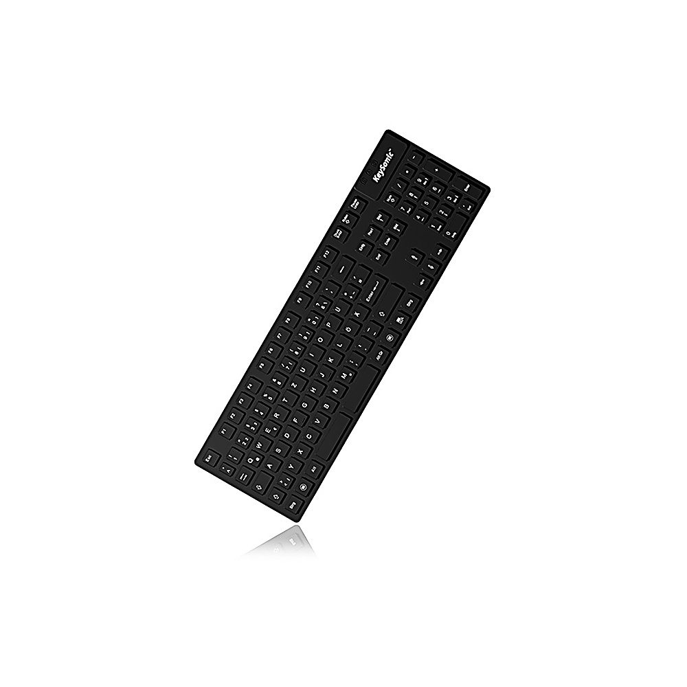 Una tastiera KeySonic nera e flessibile. La tastiera è posizionata in diagonale.