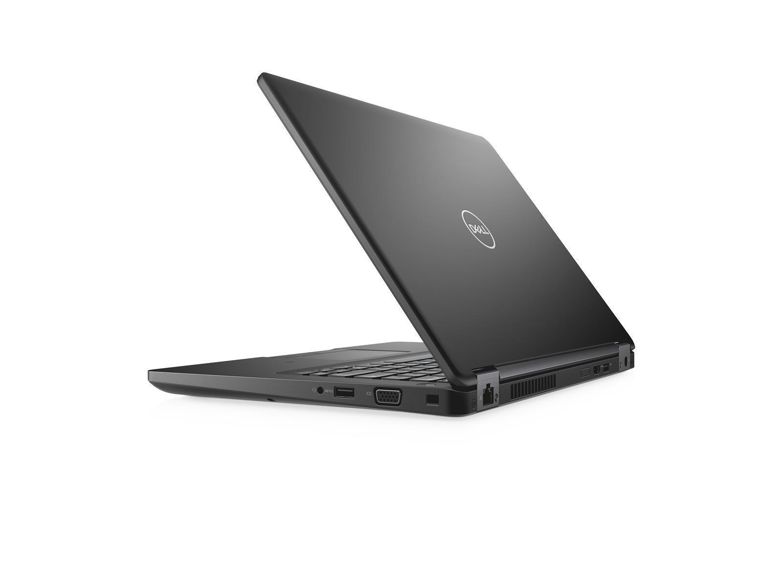 Schwarzer Laptop, angewinkelt geöffnet, zeigt das Dell-Logo auf der Rückseite, vor weißem Grund.