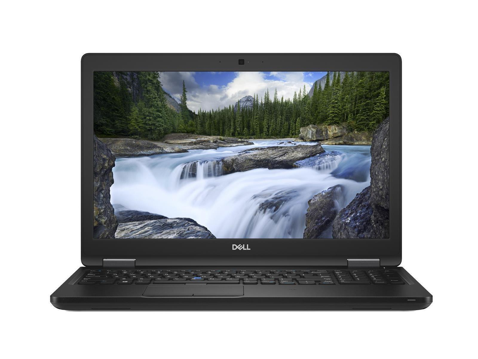 Schwarzer Laptop mit Landschaftsanzeige. Bildschirm zeigt Wasserfall und Wald. Dell-Logo unten.