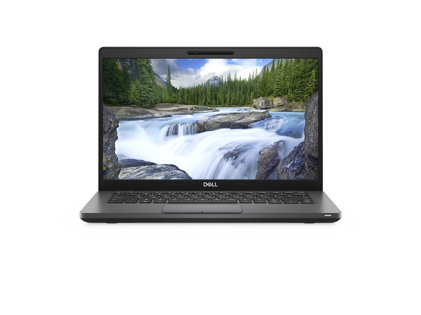 Ein schwarzer Laptop mit einem Bildschirm, der eine Naturszene anzeigt. Das Dell-Logo befindet sich unten.