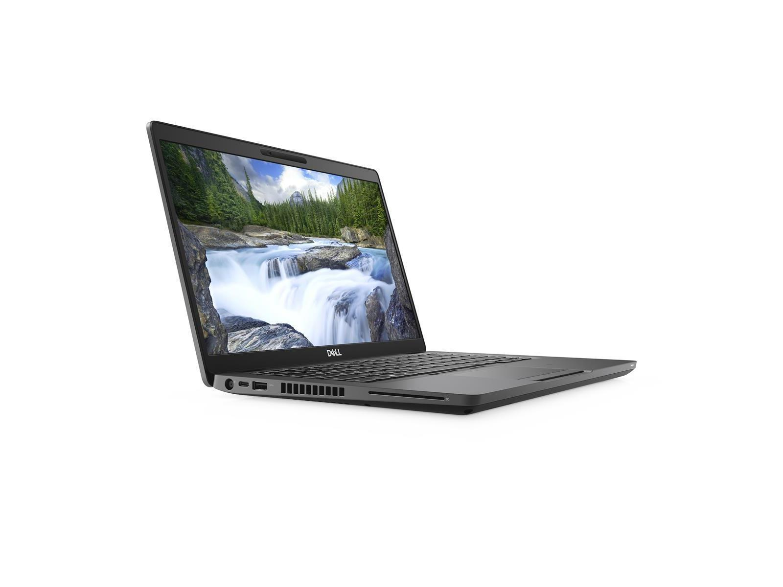 Grauer Laptop, geöffnet, mit Wasserfallszene auf dem Bildschirm. Weißer Hintergrund.