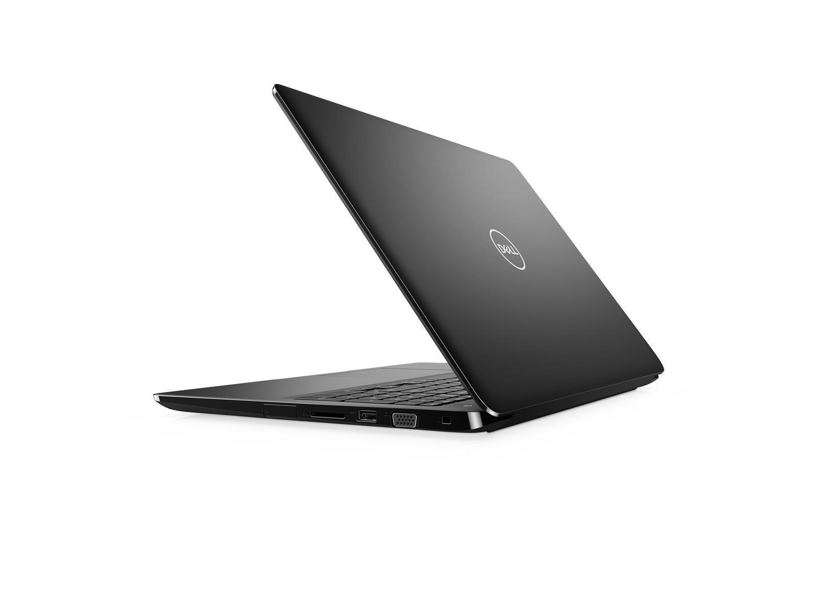 Schwarzer Dell-Laptop, Winkelansicht, Deckel offen. Dell-Logo sichtbar. Weißer Hintergrund.