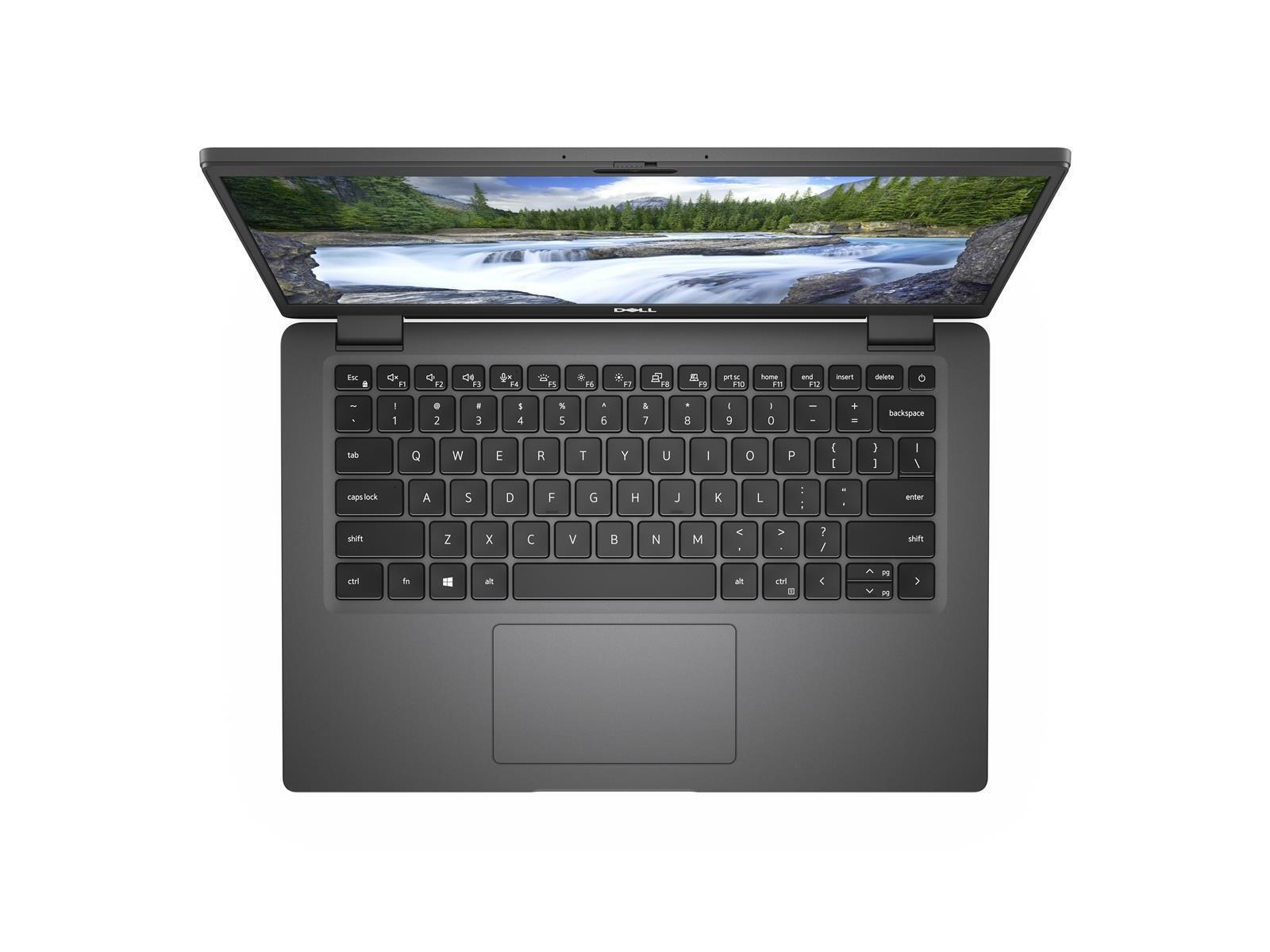 Offener Dell-Laptop mit schwarzer Tastatur und Landschaftsbildschirm.