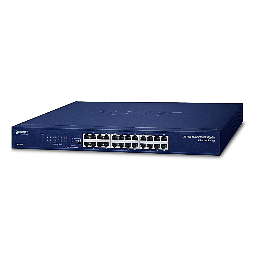 Switch di rete blu e nero con più porte, sfondo bianco.