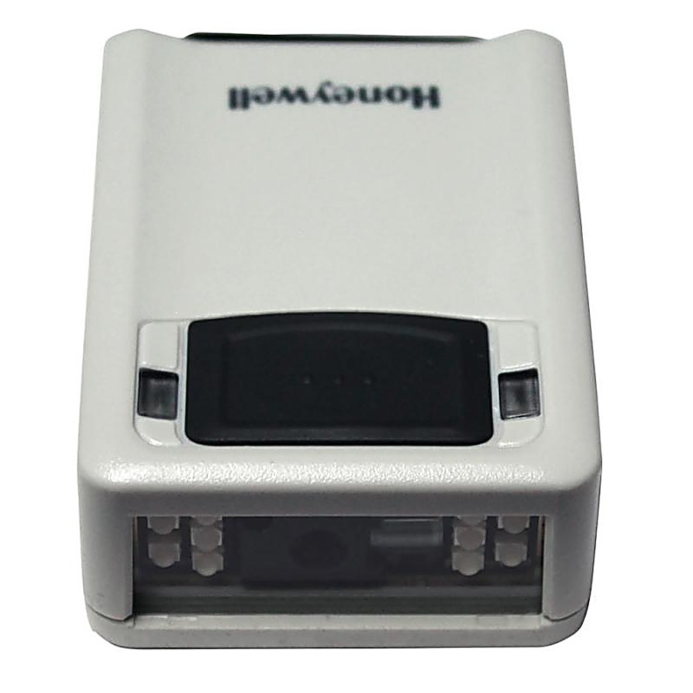 Scanner di codici a barre Honeywell bianco, vista dall'alto.
