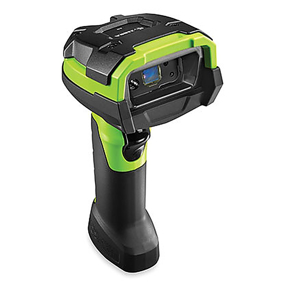 Scanner Zebra portatile, nero e verde, vista angolata. Lo scanner è nero.