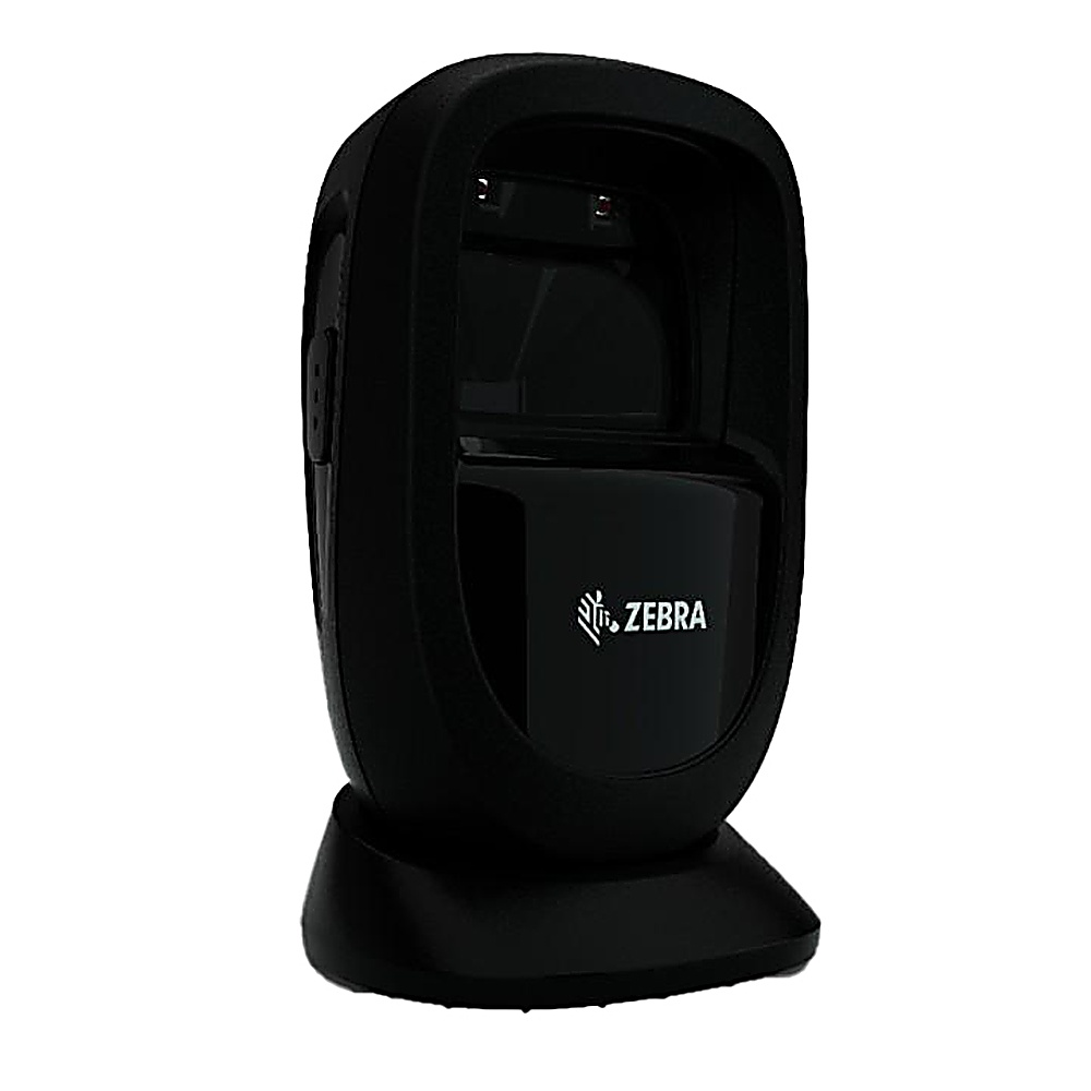 Schwarzer Zebra-Scanner auf einem Ständer. Zebra-Logo ist auf der Vorderseite sichtbar.