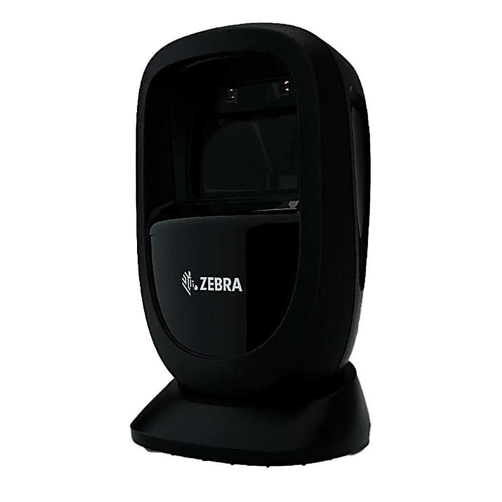 Schwarzer Zebra-Scanner auf einem Ständer. Das Zebra-Logo ist sichtbar.