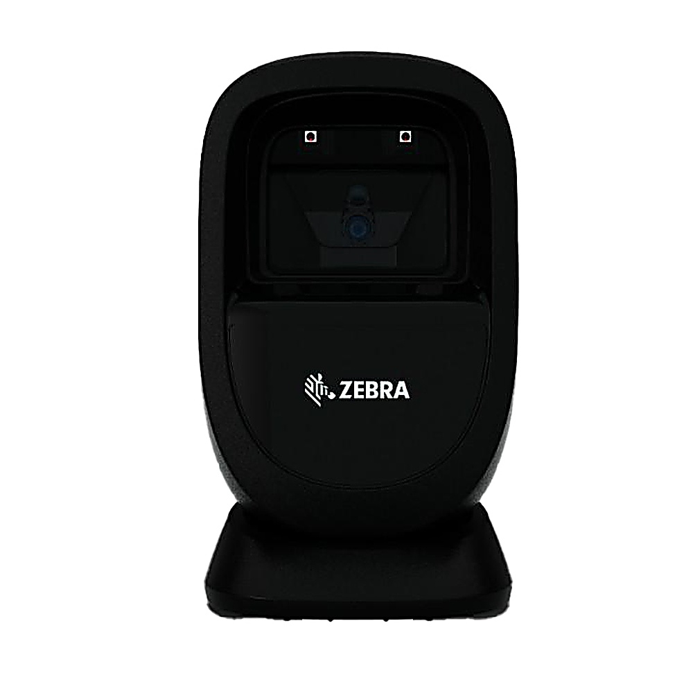 Schwarzer Barcodescanner mit dem ZEBRA-Logo auf weißem Hintergrund. Vorderansicht.