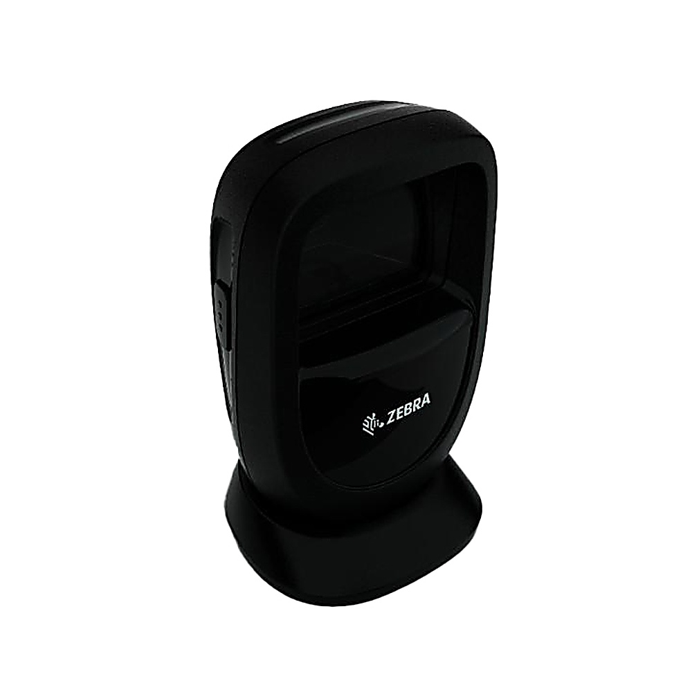 Schwarzer Zebra-Scanner auf einem Ständer. Das Zebra-Logo ist auf der Vorderseite sichtbar.