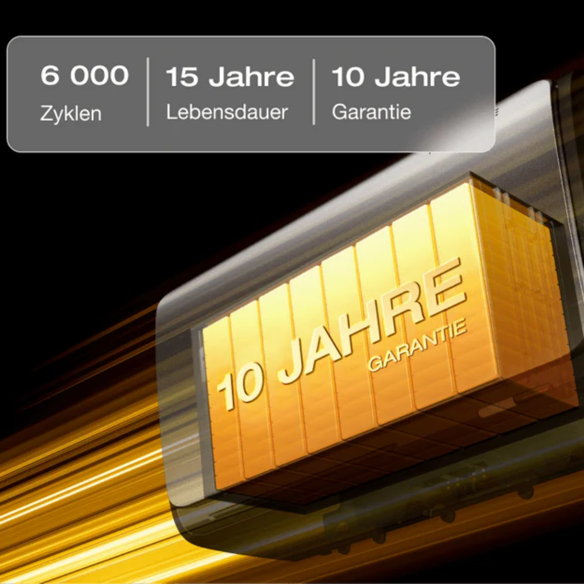 Gros plan d'une batterie dorée et noire avec texte indiquant une garantie de 10 ans.