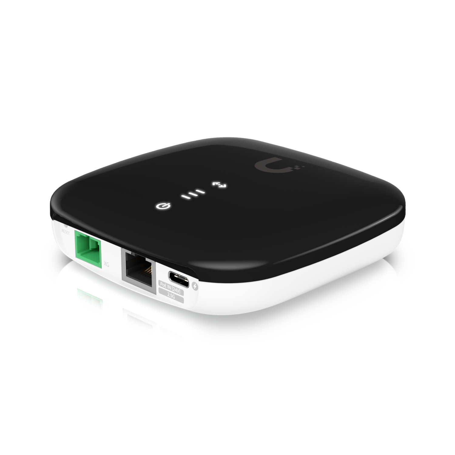 Czarno-białe urządzenie sieciowe z portami i etykietami. Białe tło.