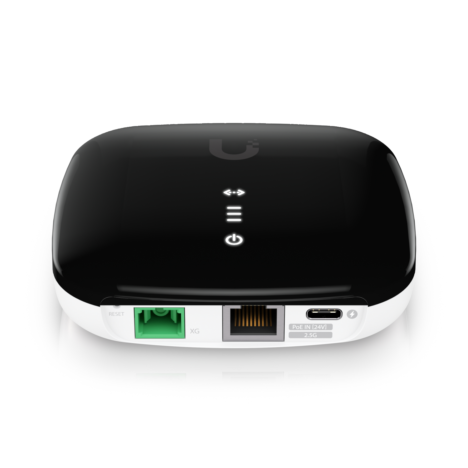 Czarno-białe urządzenie sieciowe, z portami i etykietami. Białe tło.