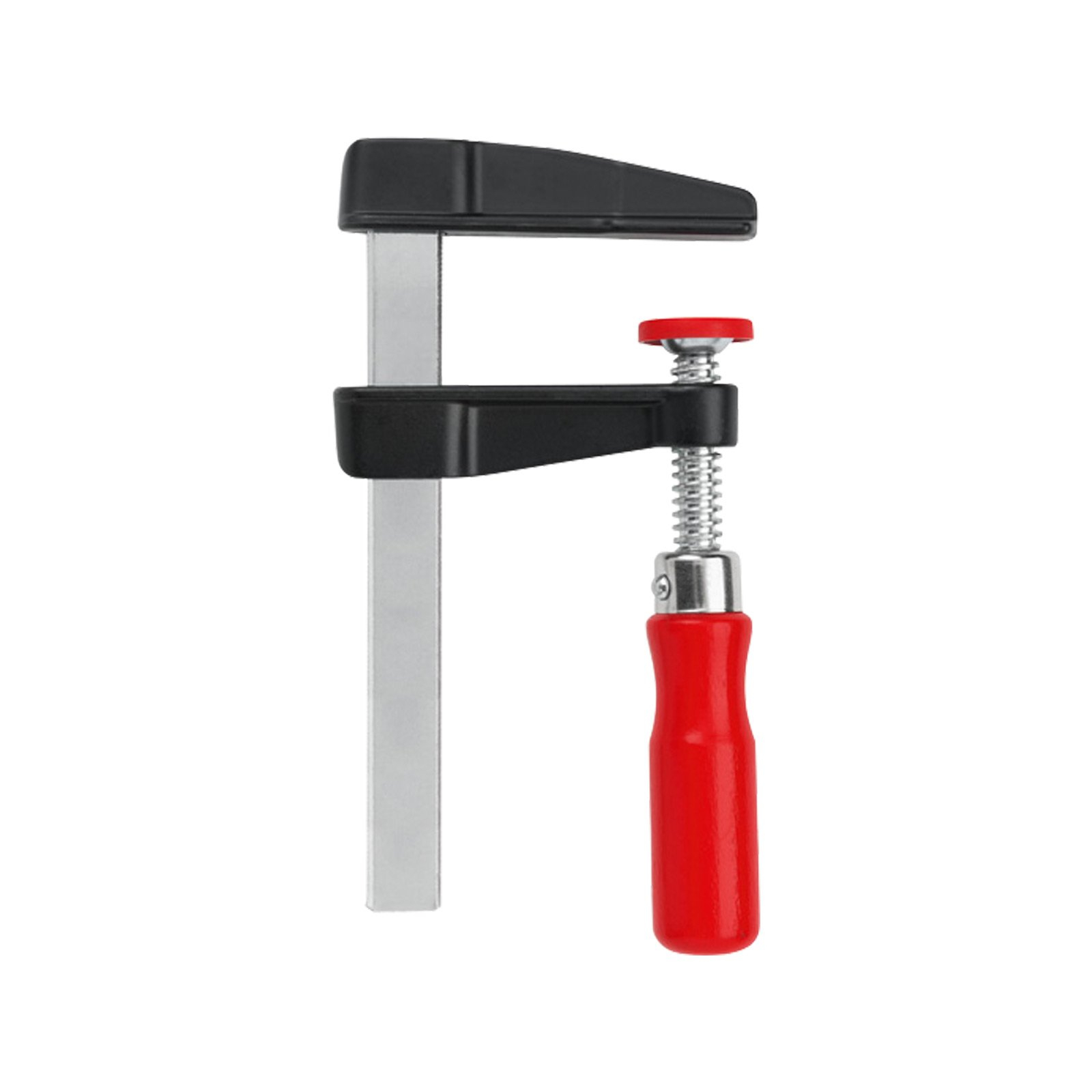 Czarny i srebrny zacisk F z czerwonym uchwytem.