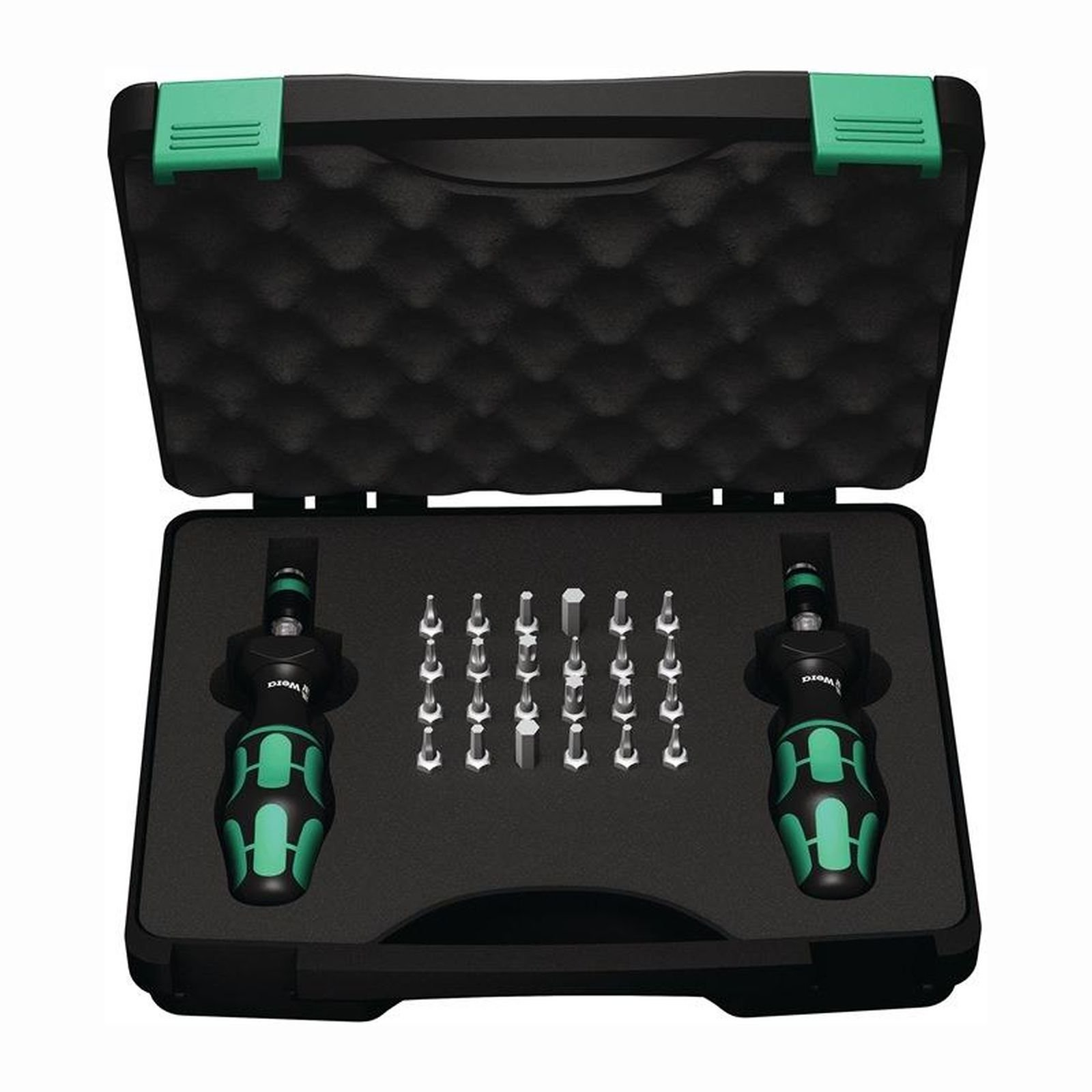 Caja de herramientas con dos destornilladores y puntas. Negro con acentos verdes.