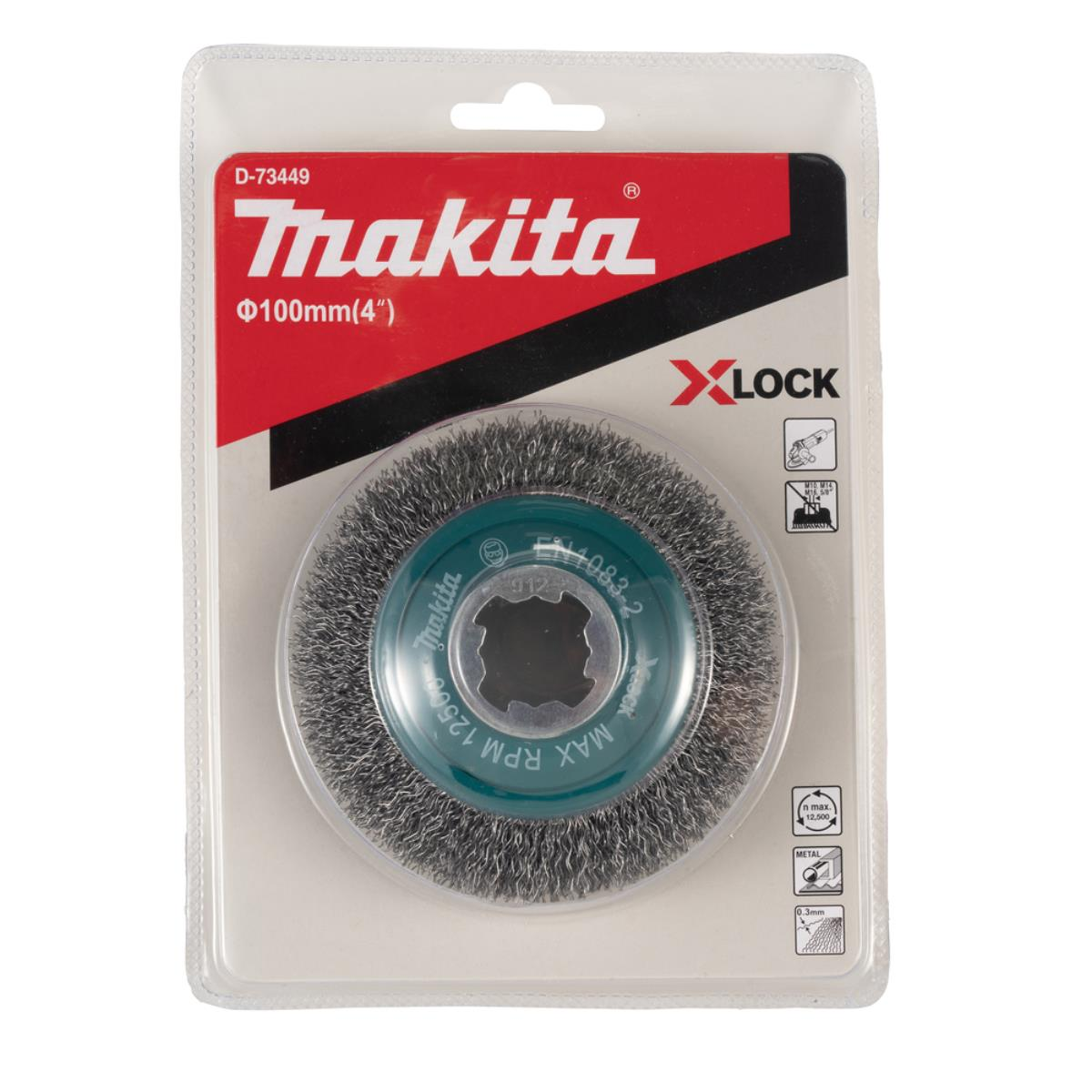 Makita Drahtbürste in Blisterverpackung. Rotes und schwarzes Branding. Das Rad ist grau mit einem grünen Zentrum.